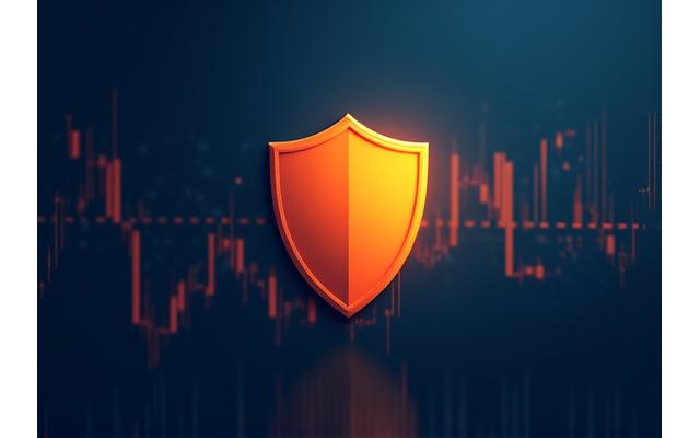A shield icon overlaying a financial chart, symbolizing risk management.