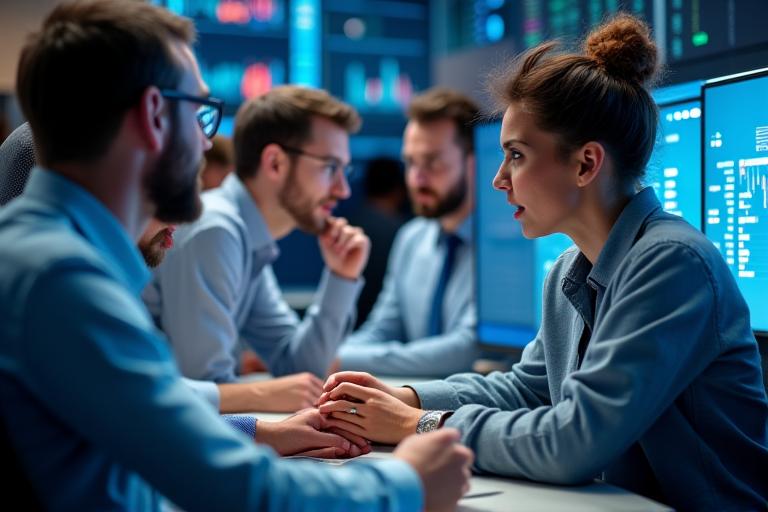 Diverse group of traders collaborating online
